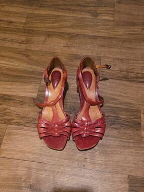 Clarks Red Leather Strappy Heeled Sandals